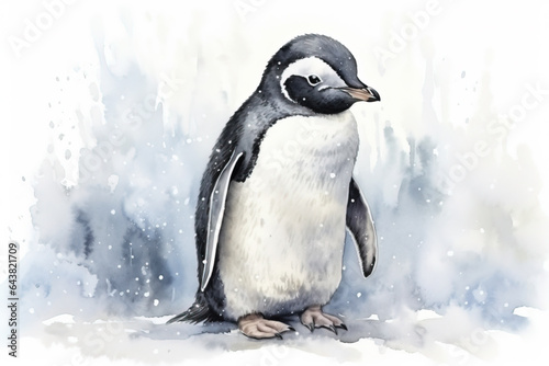 Watercolor illustration of a penguin in snow and ice in the winter. © britaseifert