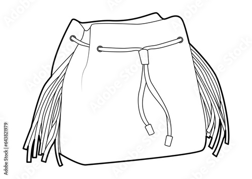 Squaw Bag bucket silhouette with drawstring closure and tassels fringe. Fashion accessory technical illustration. Vector satchel front 3-4 view for Men, women style, flat handbag CAD mockup outline