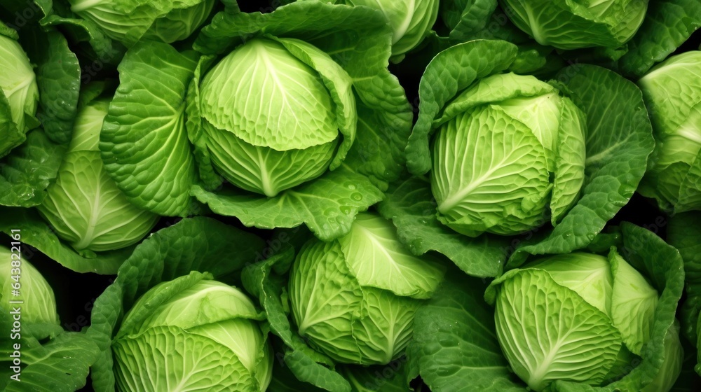 Top view of many fresh cabbages.