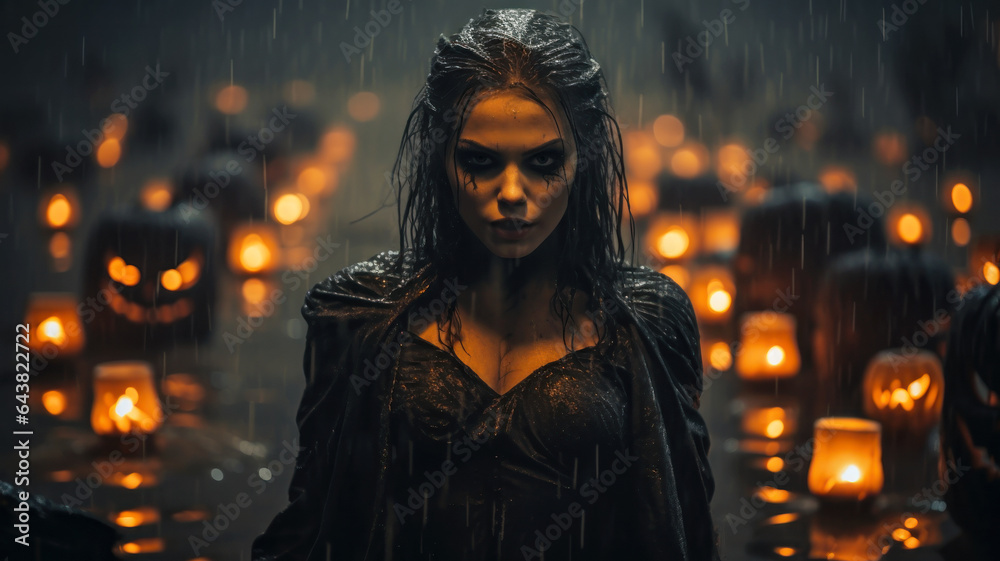 Young woman witch stands near candles in rain on Halloween night