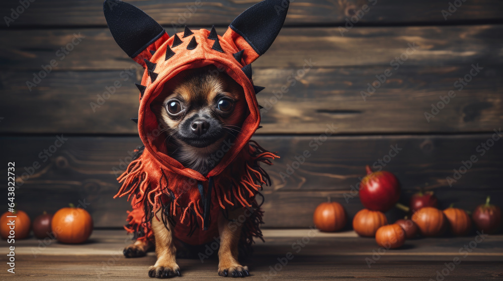 Funny Chihuahua dog in orange Halloween costume, cute pet and pumpkins - obrazy, fototapety, plakaty 