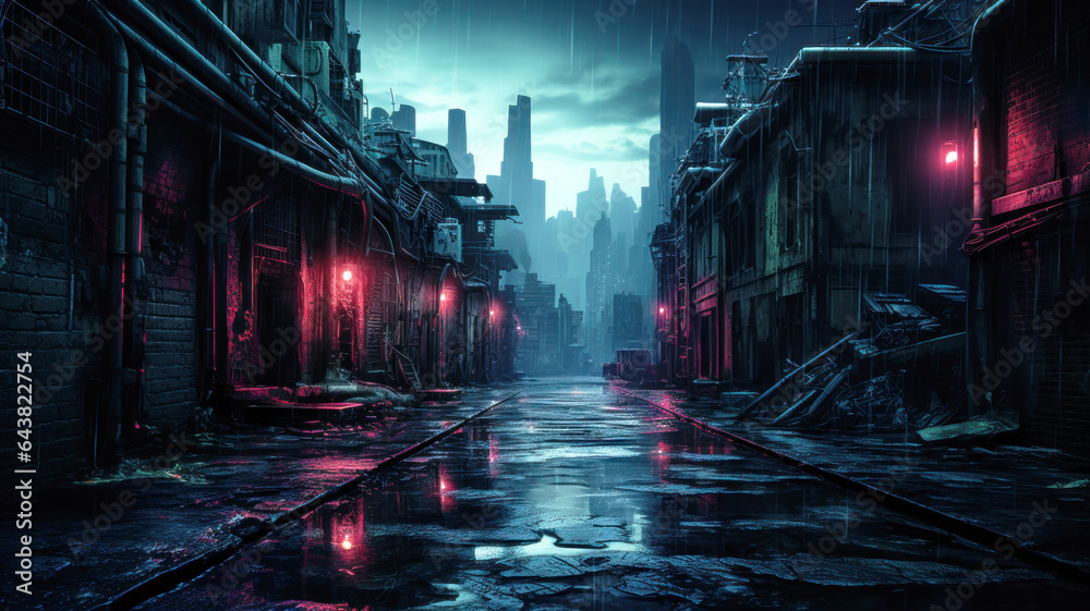 Dark street in cyberpunk city, gloomy dirty alley in rain at dusk - obrazy, fototapety, plakaty 