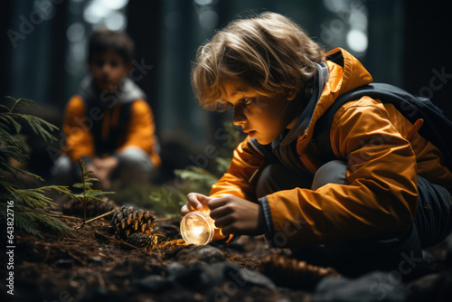 With magnifying glasses in hand, kids inspect leaves, rocks, and insects, delving into the world of biology and nature. Concept of Nature Exploration. Generative Ai. © Sebastian