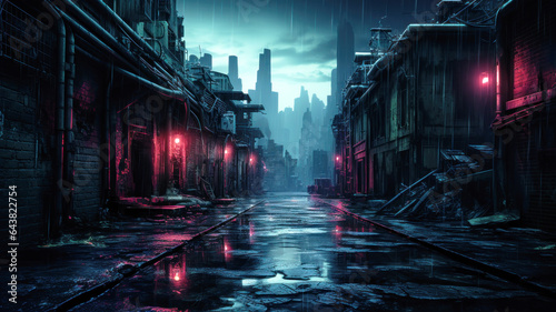 Dark street in cyberpunk city, gloomy dirty alley in rain at dusk