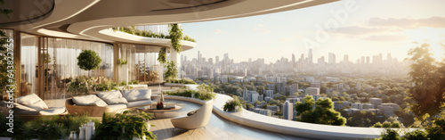 City view from building interior, urban landscape with green plants