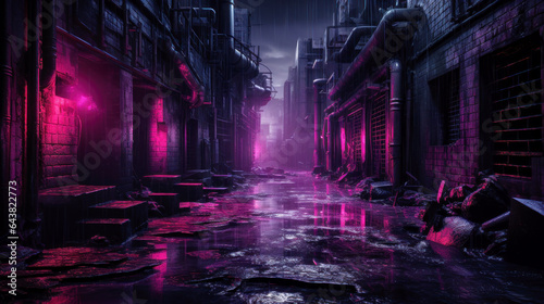 Dark street in cyberpunk city, gloomy alley with neon light in rain