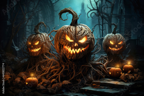 Creepy evil pumpkins in dark haunted castle on scary Halloween night