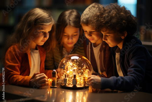 Young minds light up as they assemble simple circuits and watch as a small light bulb illuminates  experiencing the magic of electricity. Concept of Circuit Creation. Generative Ai.