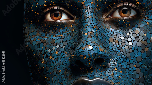 Woman face textured with colored tiles like a mayan colors mozaic - blue version