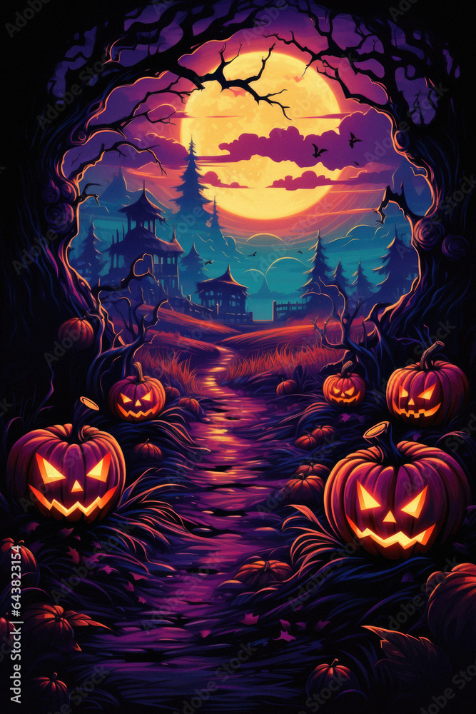 Fototapeta premium Happy Halloween background spooky scene, creepy dark night with moon, pumpkins and spooky trees on graveyard ghosts horror gothic evil cemetery landscape. Mysterious night moonlight backdrop.