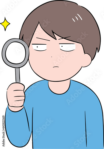 虫眼鏡を持って調べる男性