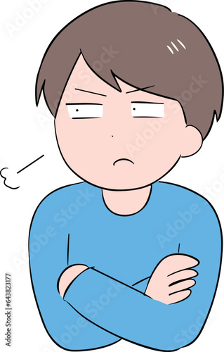 怒っている腕組みポーズの私服の若い男性(上半身)