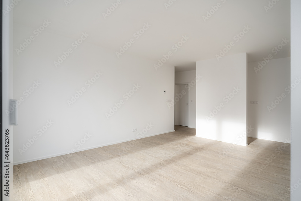 Empty unfurnished living room in a new apartment. Sunlight enters the room and hits the wooden floor. The walls are white and have electrical outlets, controls and other connections.