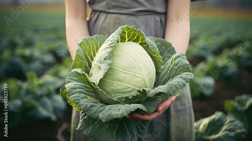 Hands holding ripe cabbage in the field. Organic food, harvesting and farming concept.