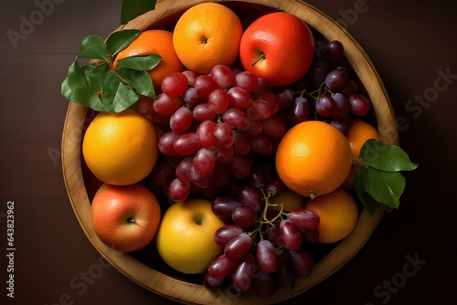 A beautiful arrangement of fruits in a wooden bowl, photographed from above. generative AI