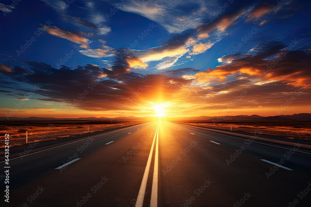 Road in the sunset, evening light, a flat, large asphalt road with stunning sky at sunset with clouds