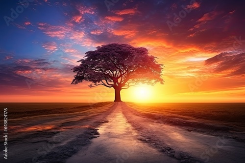 Road in the sunset, evening light, a flat, dirt road with stunning sky at sunset with clouds and a large tree in the center