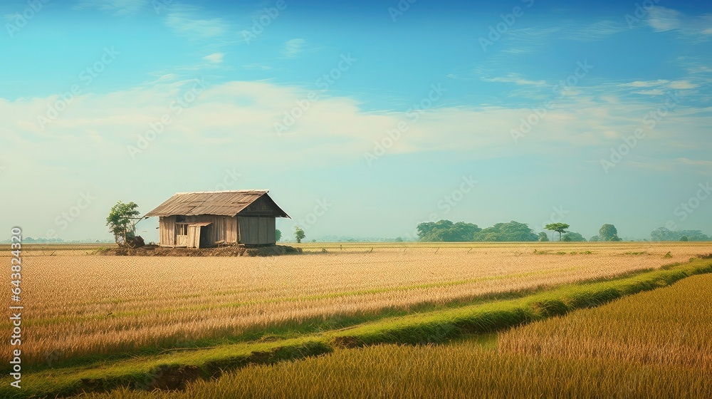 Rice field morning with a hut