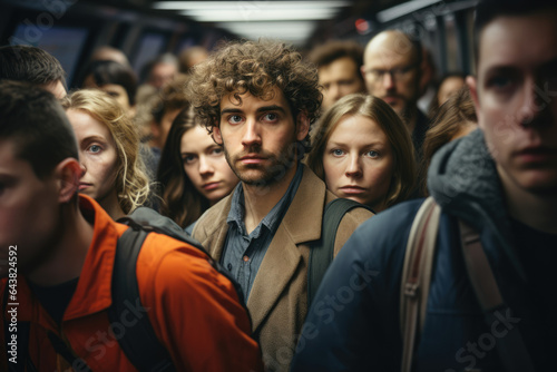 A diverse group of people commuting in a crowded subway, depicting the challenges of urban transportation. Generative Ai.