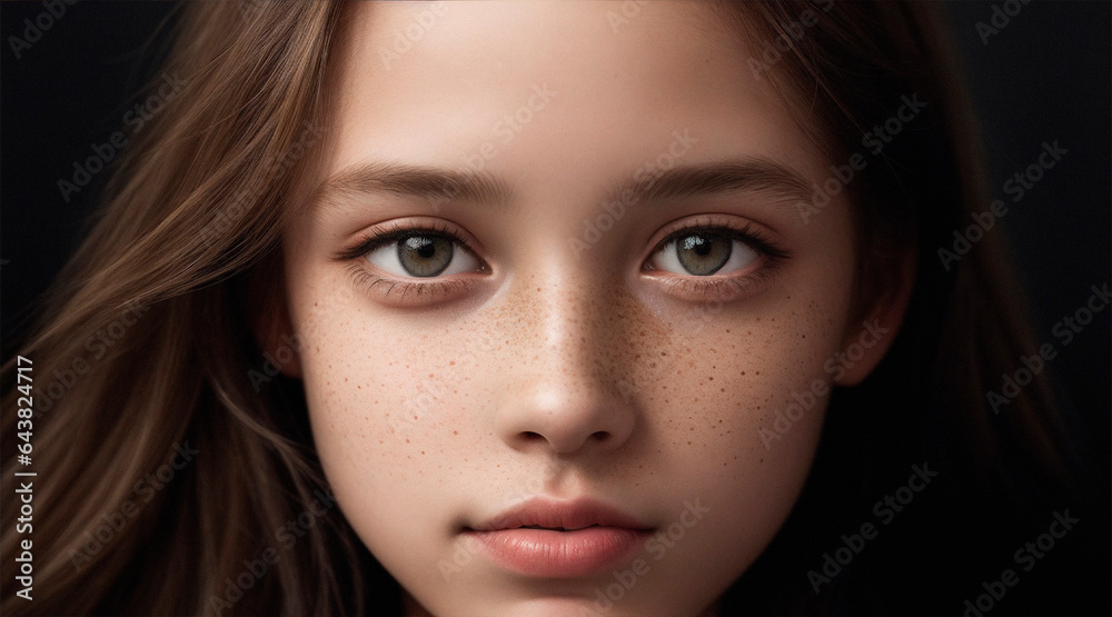 Portrait photo of girl with green eyes freckles, close up, beautiful picture Portrait photo of girl with green eyes freckles, close up, beautiful picture