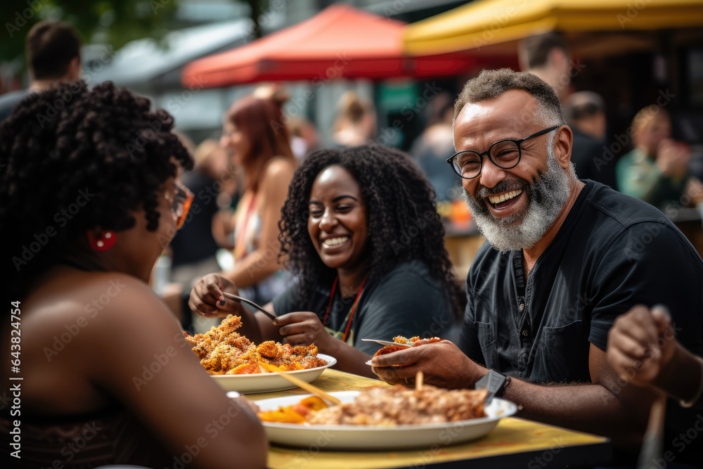 People of different cultures sharing a meal at a multicultural urban food festival. Generative Ai.