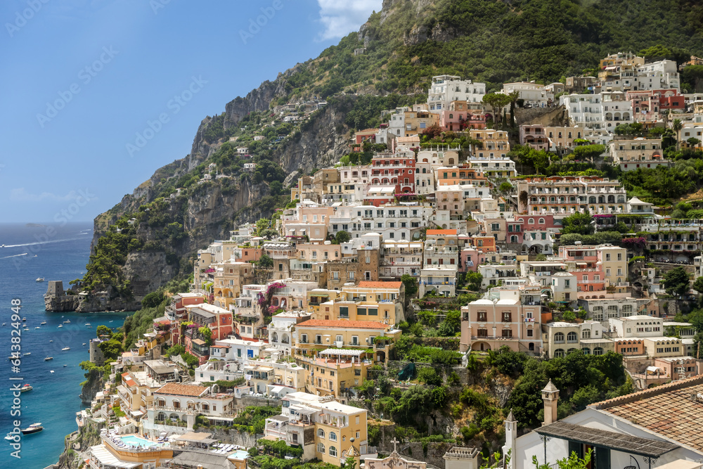 Amalfi Coast, Italy - July 27, 2023: Luxury hotels, resorts and residential buildings along the shores and cliffs of the Amalfi Coast
