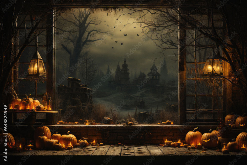 Happy Halloween background spooky scene, creepy dark night with jack o lantern pumpkins spooky ghosts horror gothic evil mysterious night haunted haloween house backdrop.