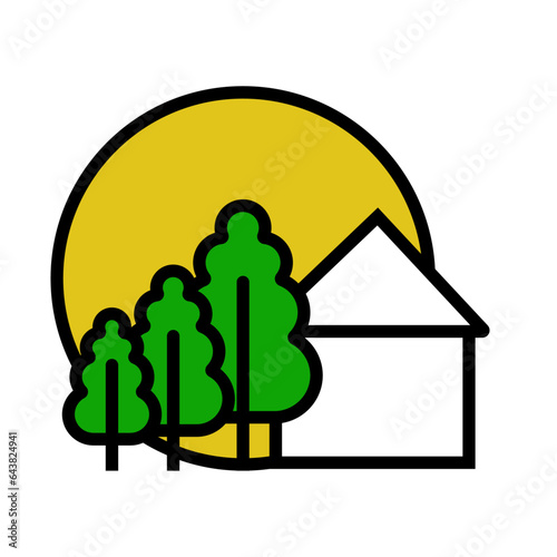 Logo of the house, trees on the background of the sun. Flat vector illustration.