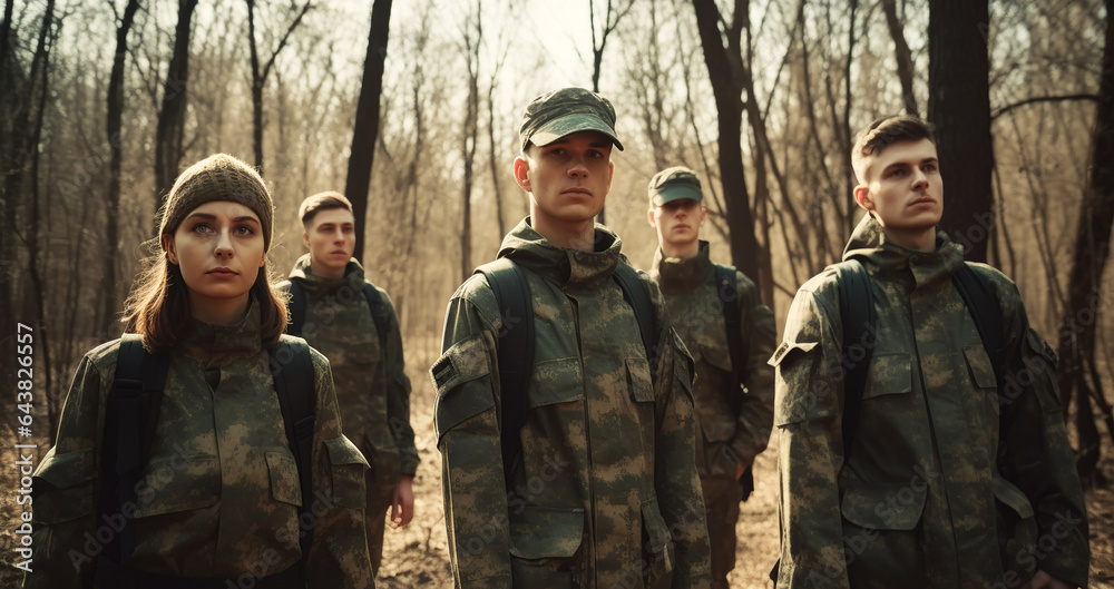 Group of young soldiers in military uniform. Generative AI.