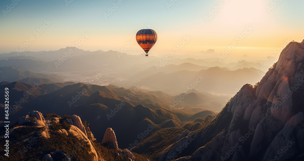 Hot air balloon over mountain on sunny day. Generative AI.