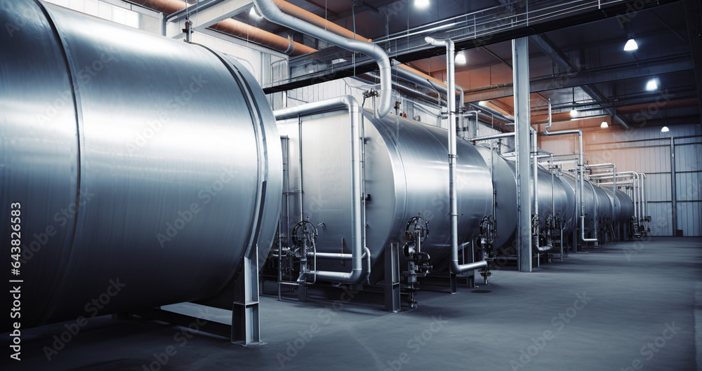 Modern industrial room with large metal tanks. Generative AI. Modern industrial room with large metal tanks. Generative AI.