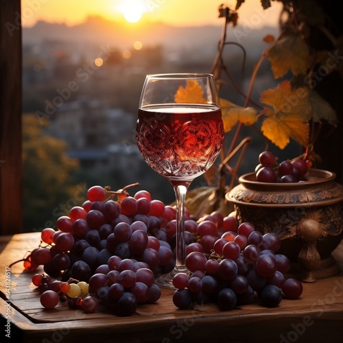 a glass of grapes juice, at sunset, in the style of photo-realistic landscapes