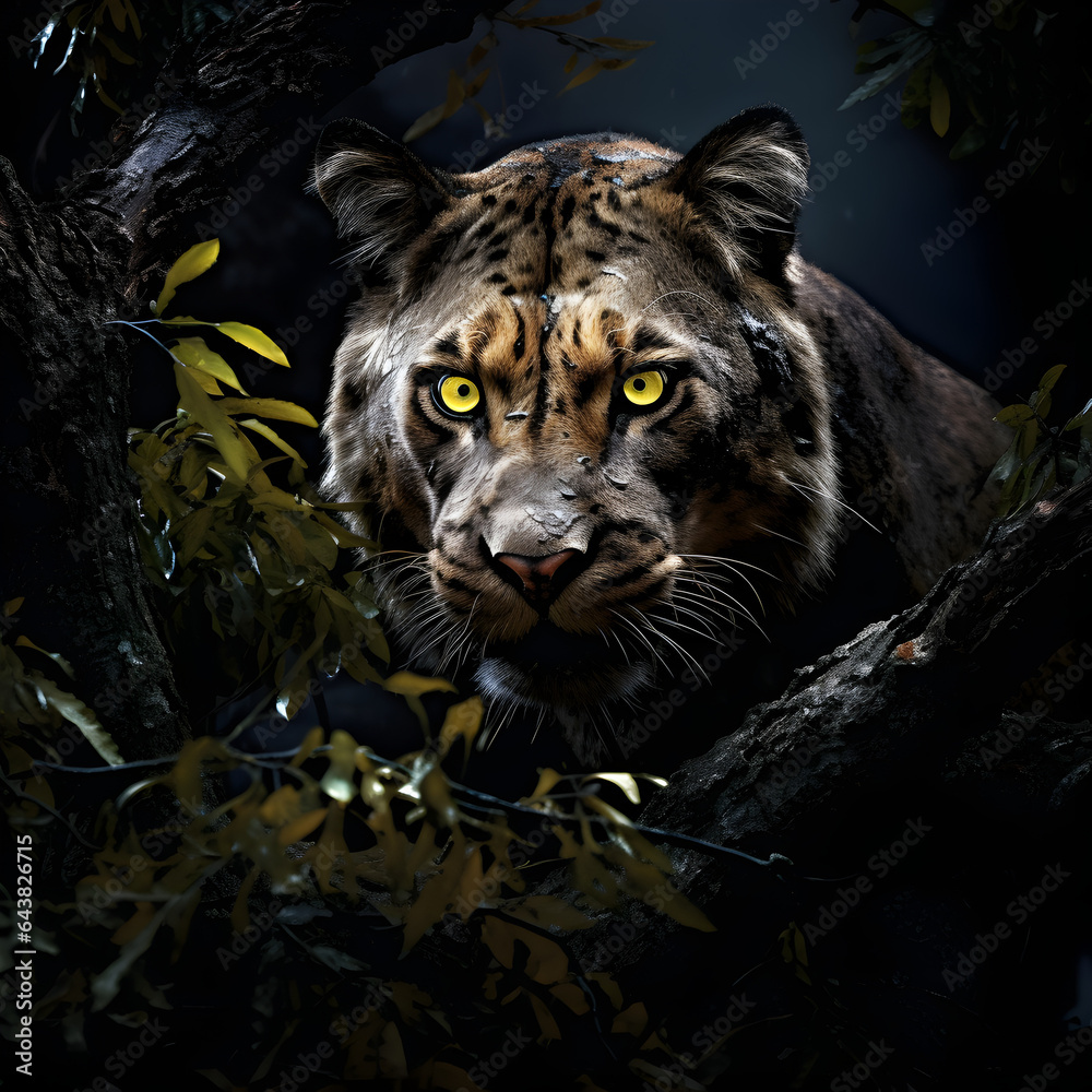 sabertooth cat in a tree, stalking a hunter, nighttime, overcast