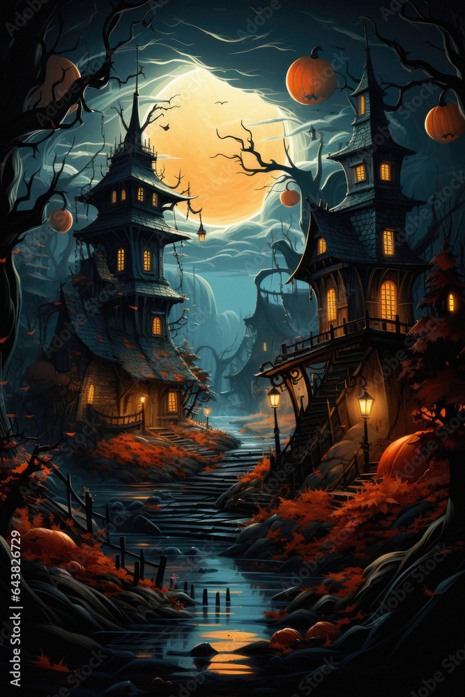 Happy Halloween background spooky scene, creepy dark night with moon, pumpkins and spooky trees on graveyard ghosts horror gothic evil cemetery landscape. Mysterious night moonlight backdrop. Happy Halloween background spooky scene, creepy dark night with moon, pumpkins and spooky trees on graveyard ghosts horror gothic evil cemetery landscape. Mysterious night moonlight backdrop.
