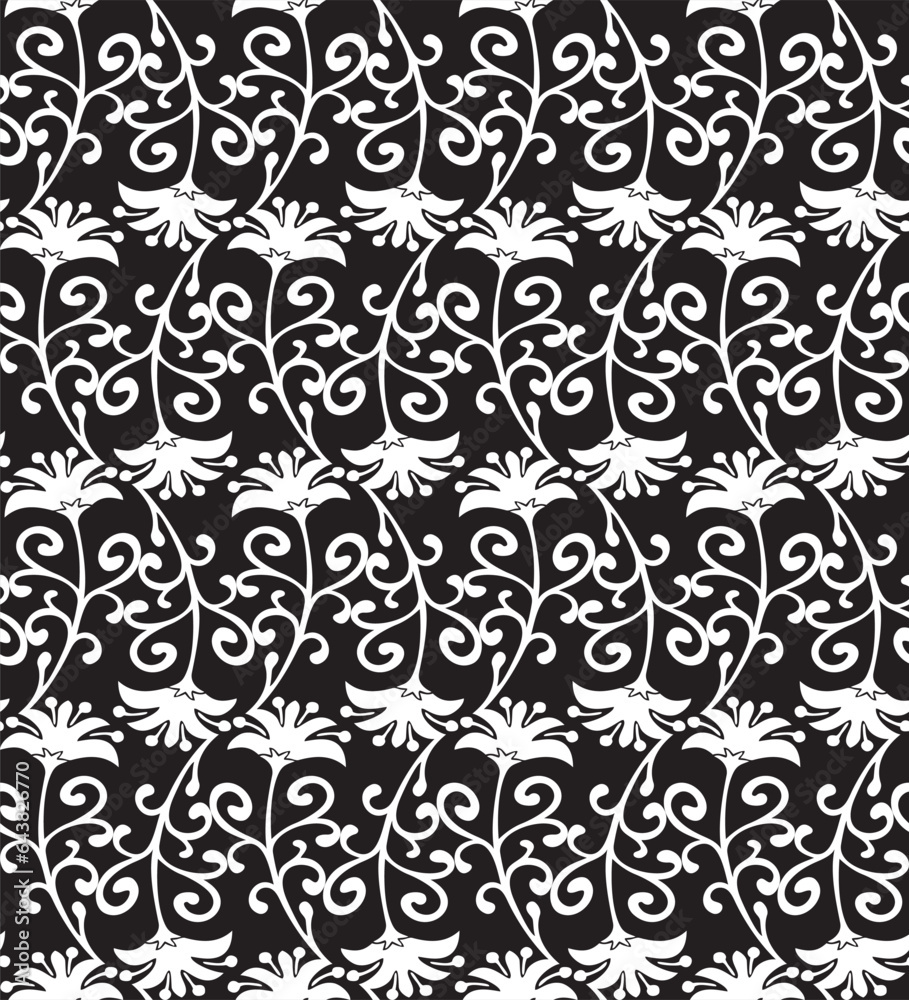 Seamless pattern with floral motifs in black and white. Vector illustration.