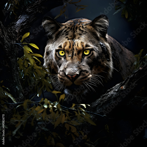 sabertooth cat in a tree  stalking a hunter  nighttime  overcast