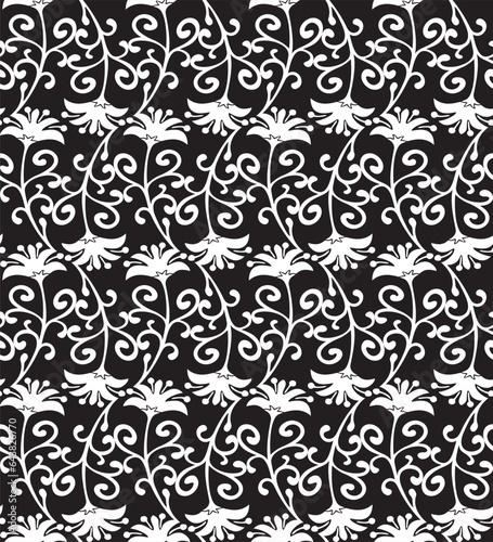 Seamless pattern with floral motifs in black and white. Vector illustration.