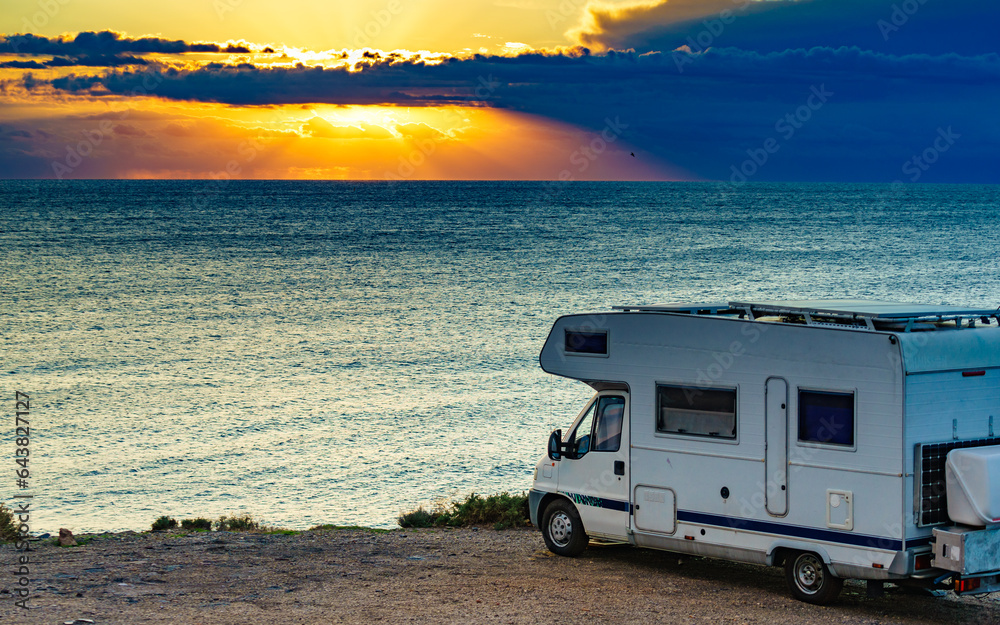 Caravan on nature in the morning at sunrise Caravan on nature in the morning at sunrise
