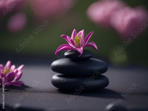 Lily and spa stones in zen garden. Stack of spa massage stones with pink flowers on defocused wellness background. Copy space.