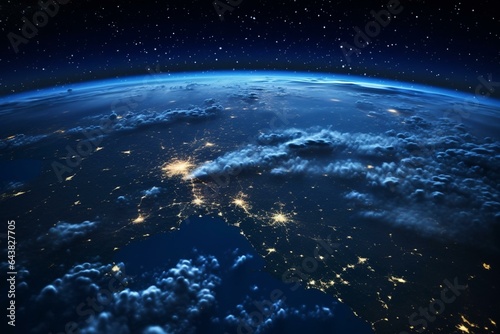 Detailed view of Central Africa at night from space, with city lights, clouds, moon, and the Milky Way. Generative AI