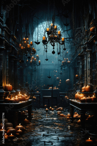 Halloween spooky background, scary pumpkins with smoke in old big creepy Happy Haloween ghosts horror house inside big empty foggy room. Creepy october dark smoky mysterious night backdrop concept.