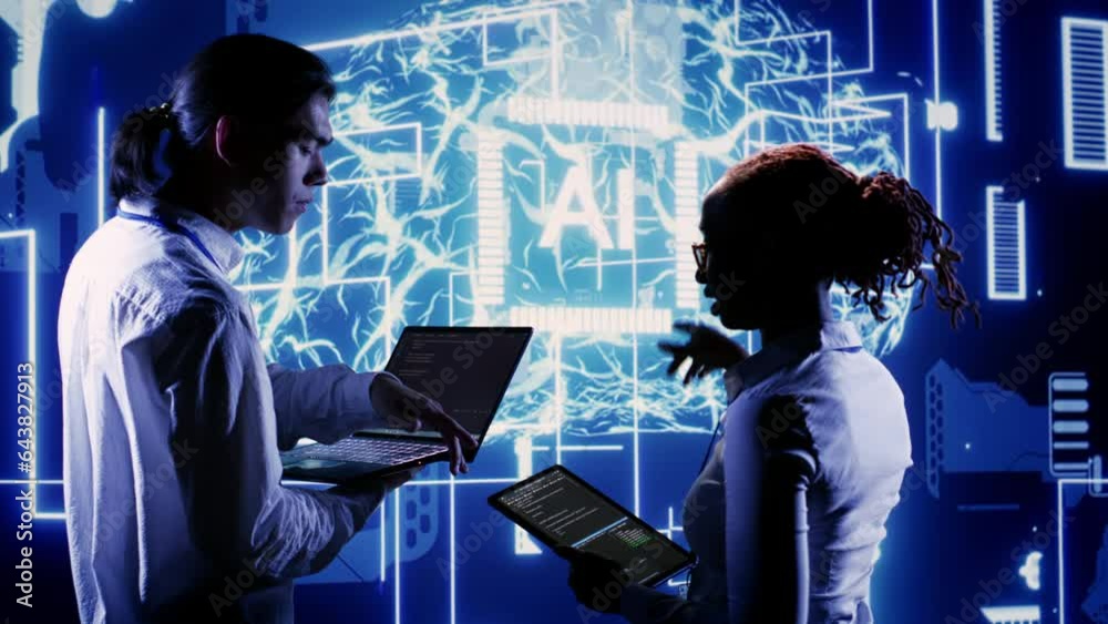 African american engineer and coworker develop artificial intelligence neural networks architecture inspired by human brain, setting up AI machine learning algorithms using programming code on laptop