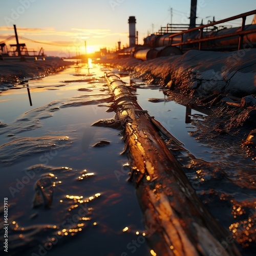a pipe that is leaking water at sunset, in the style of photo-realistic landscapes, urbancore