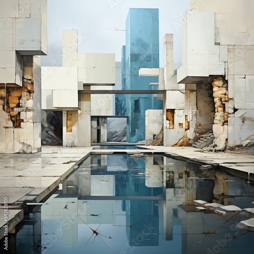a reflection of some metal walls, in the style of surreal 3d landscapes, concrete, minimalist cityscapes, light beige and blue