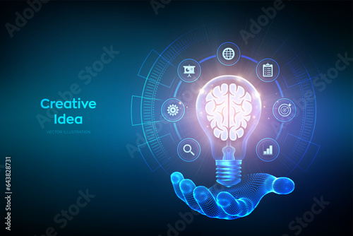 Creative Idea. Human brain in a light bulb in hand. Business idea, brainstorming. Creative Thinking. Light bulb with brain. Creativity, innovation, inspiration technology concept. Vector illustration.