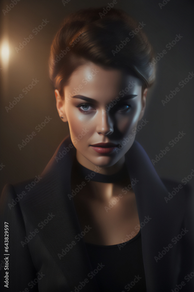 A beautiful serious woman facing the camera in a studio shoot. Generative AI_31. A beautiful serious woman facing the camera in a studio shoot. Generative AI_31.