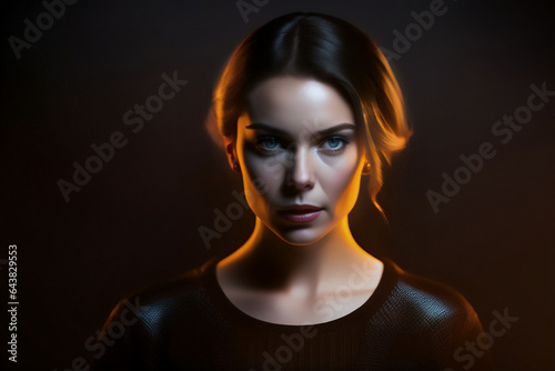 A beautiful serious woman facing the camera in a studio shoot. Generative AI_22.