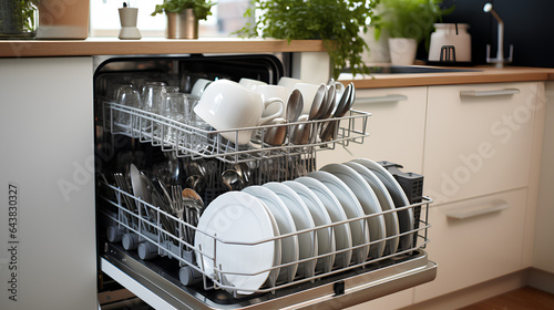 Dishwasher with clean dishes in the interior of the bright cozy kitchen of the apartment