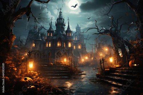 Happy Halloween background spooky scene, creepy dark night jack o lantern pumpkins and spooky graves on graveyard ghosts horror gothic evil cemetery landscape. Mysterious night moonlight backdrop. © Synthetica