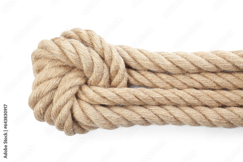 Hemp rope with knot isolated on white, top view Hemp rope with knot isolated on white, top view